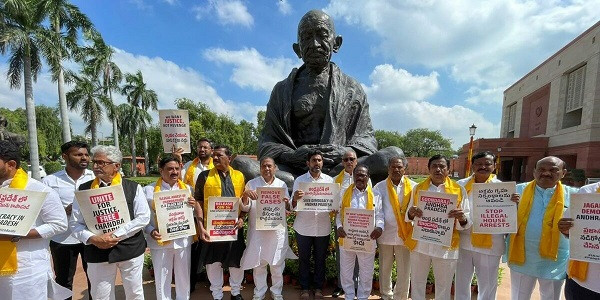 TDP MPs protest arrest of party chief Chandrababu Naidu ahead of Parliament session