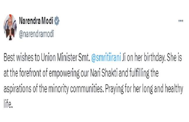 PM wishes Smriti on birthday