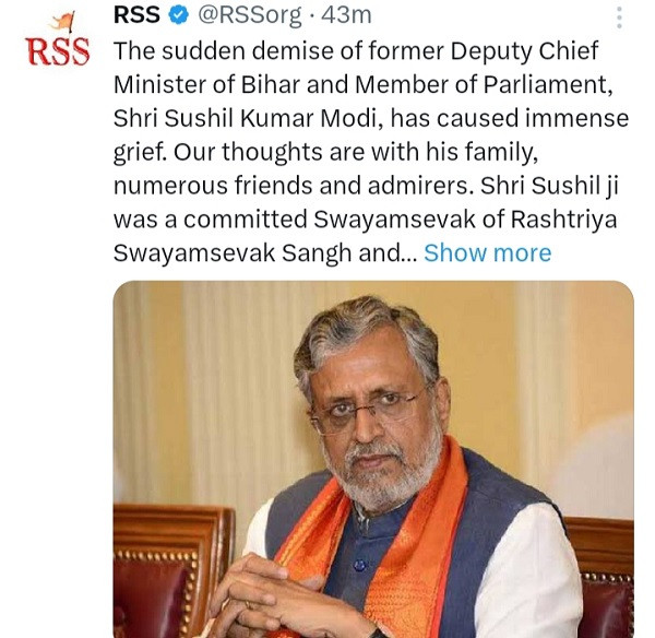 RSS express grief on Sushil Modi demise
