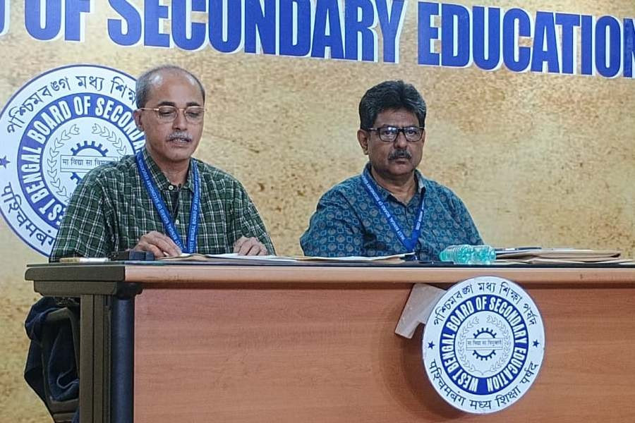 Central Education Board President Ramanuja Gangopadhyay (left) at a press conference.