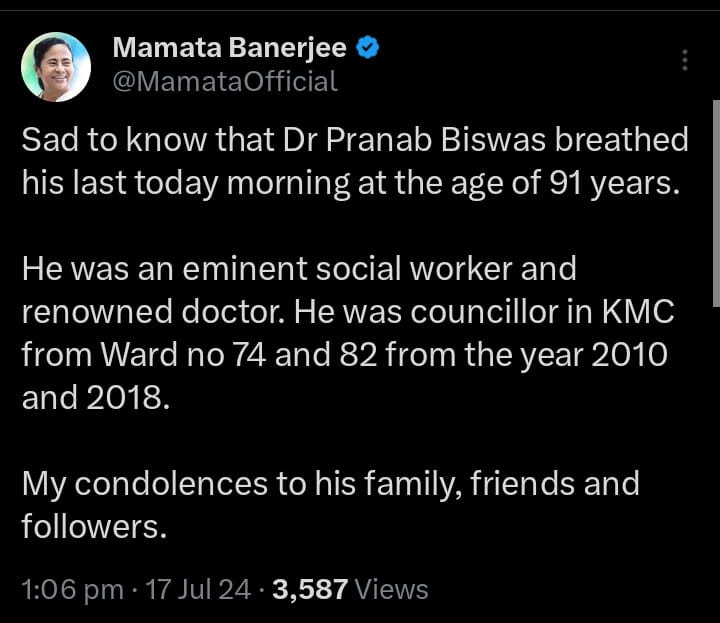 Prominent cardiologist Dr. Pranab Kumar Biswas passed away, Mamta's condolences