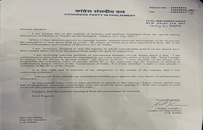 Rahul Gandhi Writes to Om Birla Over Parts of His Speech Expunged