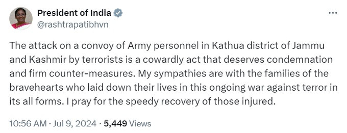 President saddened by the sacrifice of five jawans in Kathua,