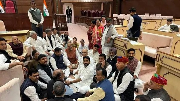 Congress MLAs stage a protest in the Rajasthan Assembly