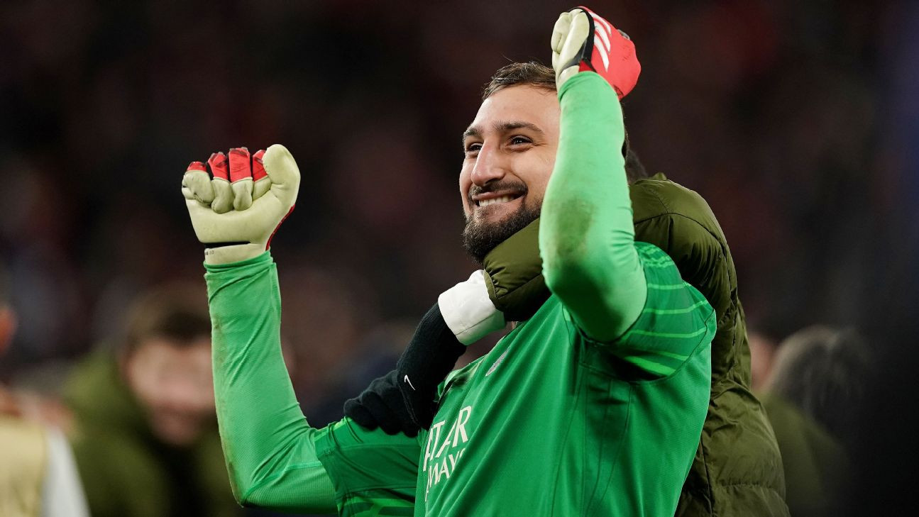 Donnarumma celebrates after heroic penalty saves in PSG’s win over Liverpool.