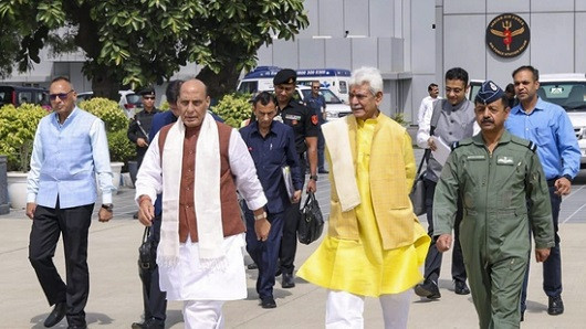 Defence minister Rajnath Singh is accompanied by J&K LG Manoj Sinha on his visit to Srinagar