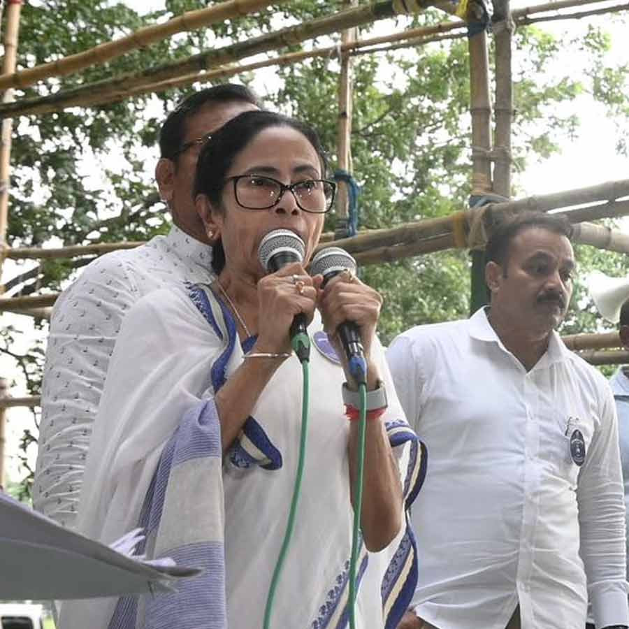 Chief Minister Mamata Banerjee at the foot of Gandhi statue on Mayo Road