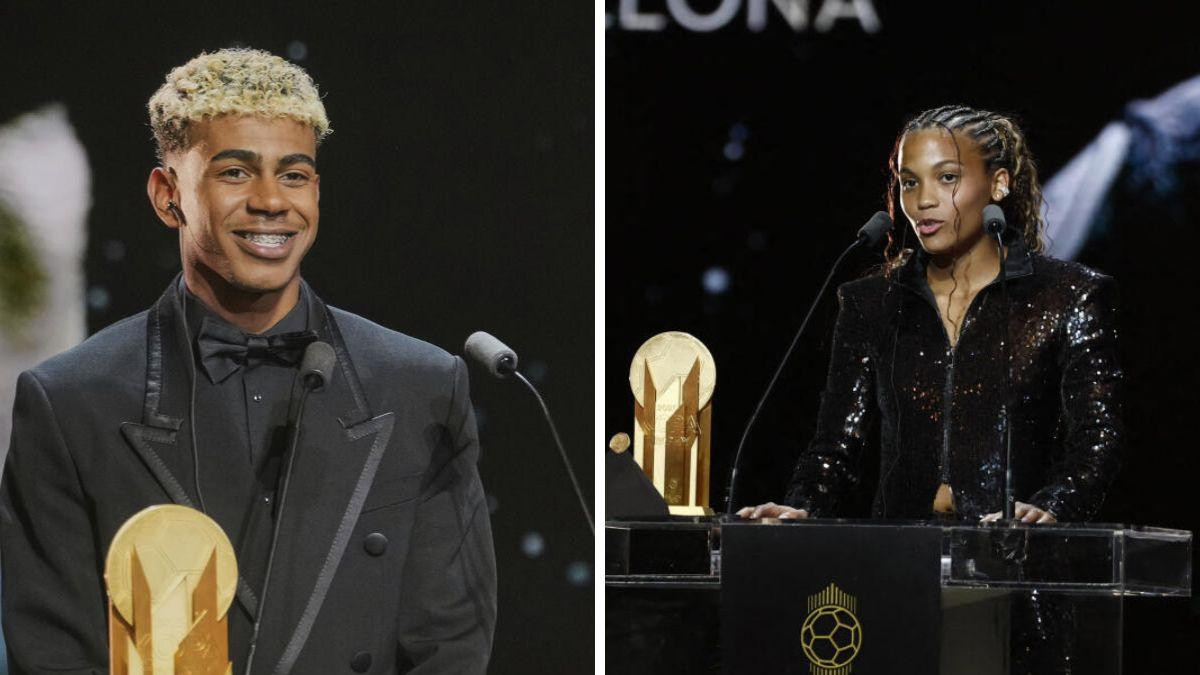 Spain and Barcelona’s Lamine Yamal and Vicky Lopez, winner of the Kopa Trophy at Ballon d’Or 25