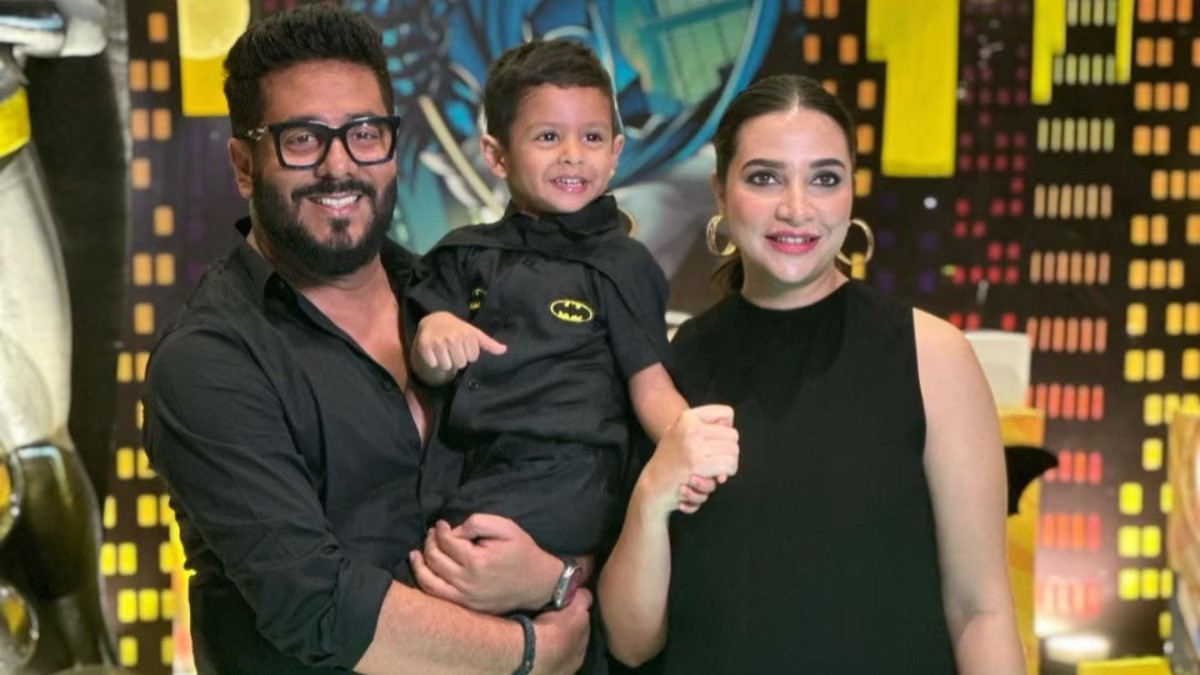 Raj, Yuvaan and Subhashree pose at the birthday party