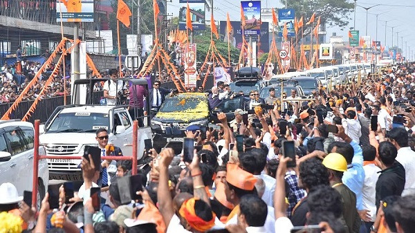 Prime Minister Narendra Modi during the roadshow in Udupi on Friday