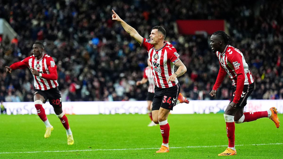 Sunderland's Granit Xhaka celebrates after his side’s first goal during the Premier League match