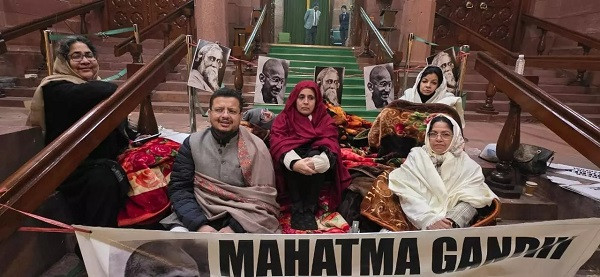 TMC MPs during a night-long dharna in Parliament