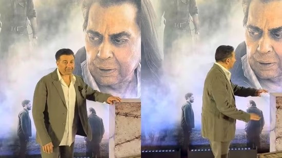 Sunny Deol posing with Dharmendra's poster at Ikkis screening