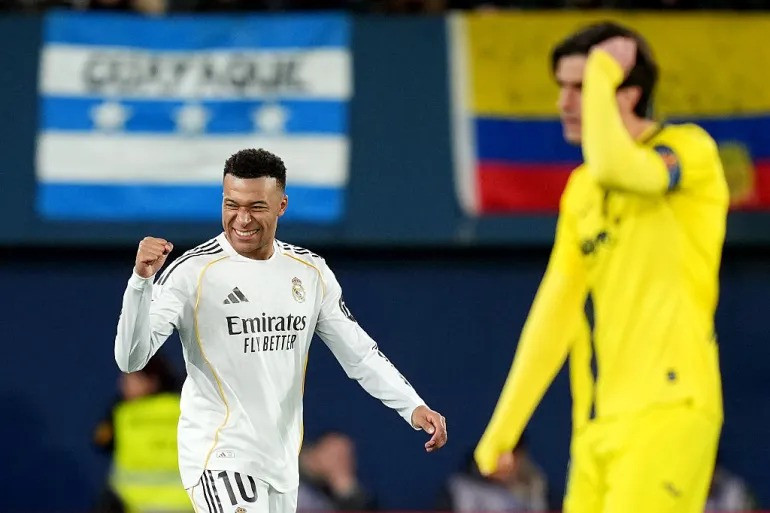 Kylian Mbappe of Real Madrid celebrates scoring his team's first goal at Villarreal