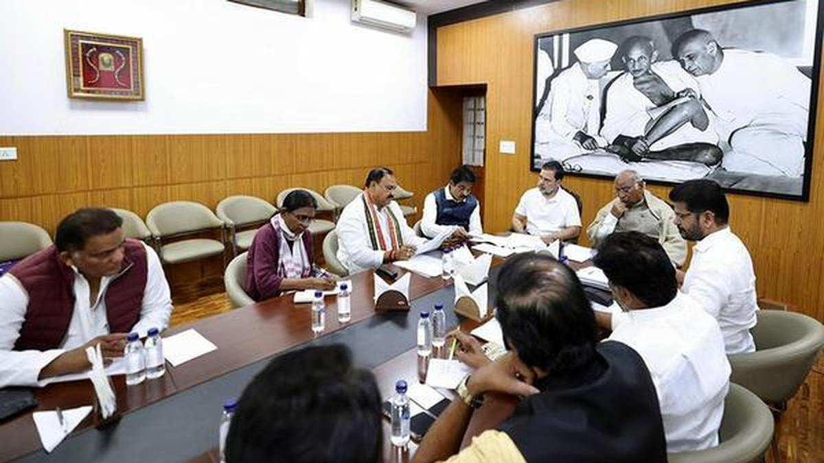 Congress president Mallikarjun Kharge chairing a party meeting in New Delhi