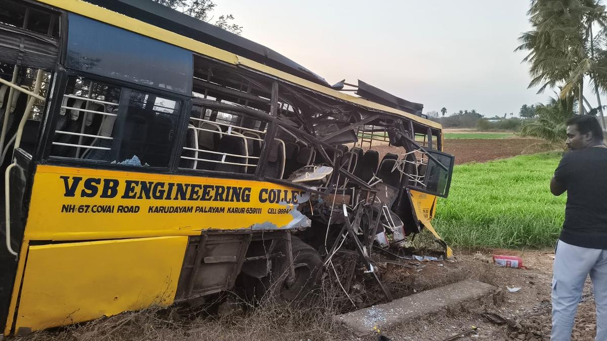 Damaged College bus after railway crossing crash