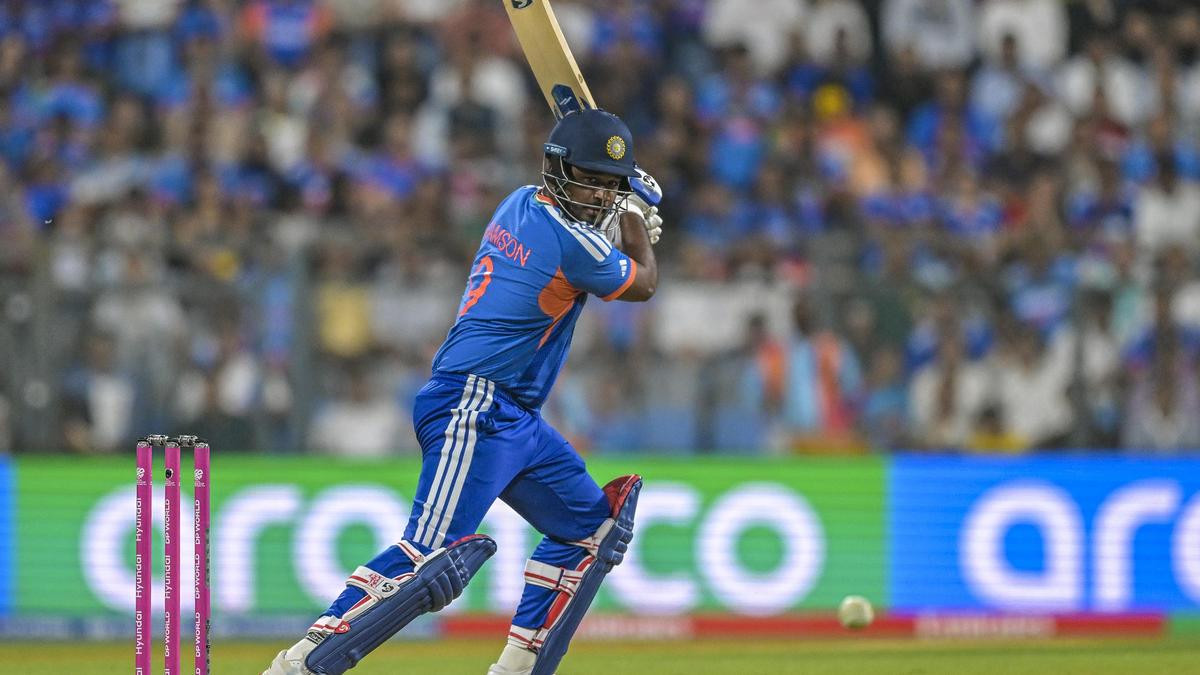 India’s Sanju Samson plays a shot during the T20 World Cup semifinal against England