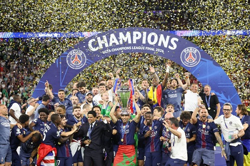 PSG celebrate on the podium after winning Europe