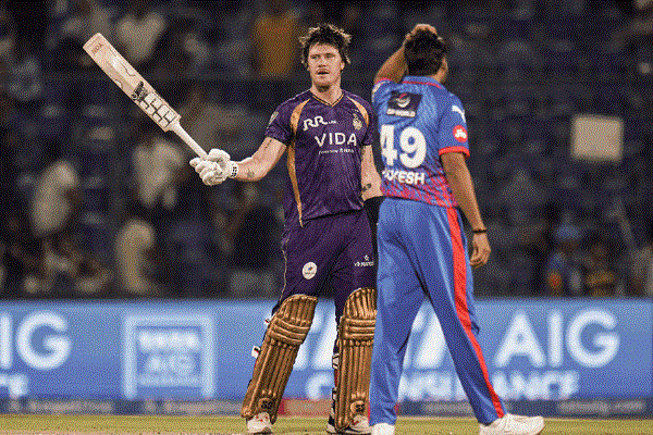 Kolkata Knight Riders' Finn Allen celebrates his century and winning the IPL