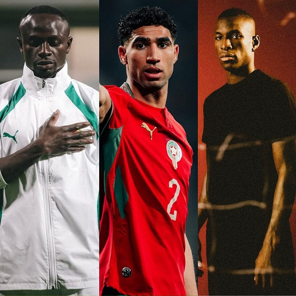 African football stars Sadio Mané, Achraf Hakimi, and Nicolas Jackson