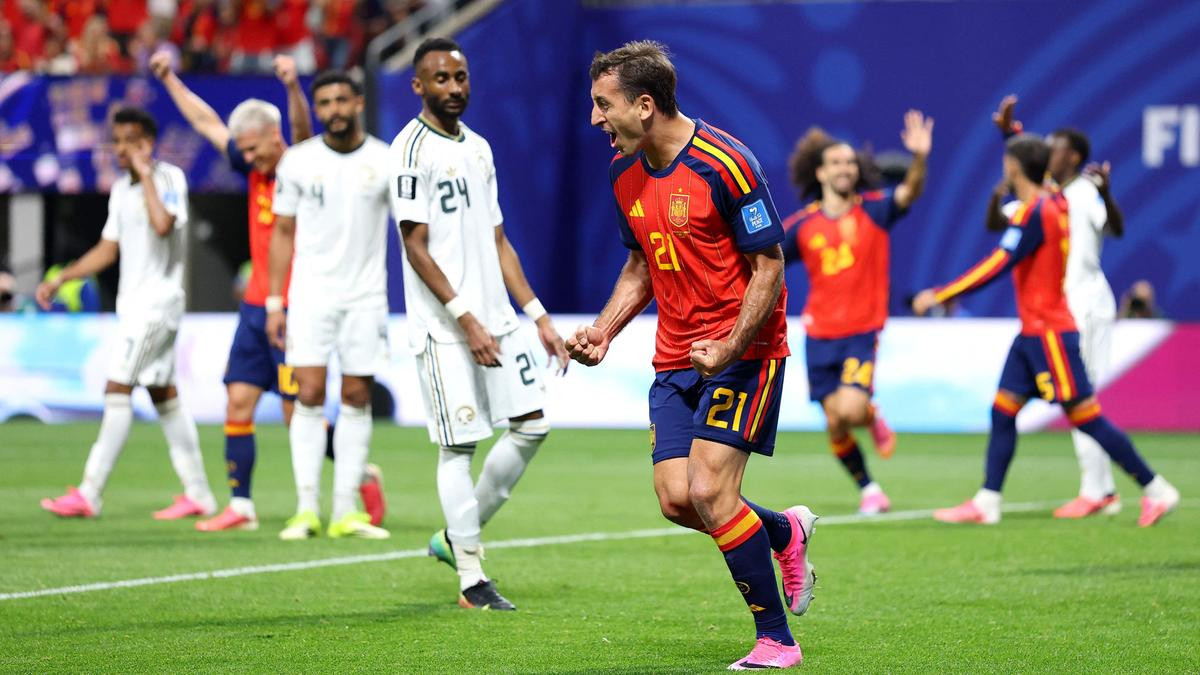 Mikel Oyarzabal celebrates scoring Spain's third goal against Saudi Arabia