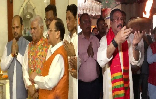 Nadda and Dharmendra celebrate by performing puja at the temple