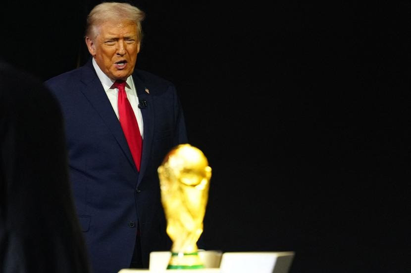 US President Donald Trump with the World Cup trophy during the FIFA World Cup 2026