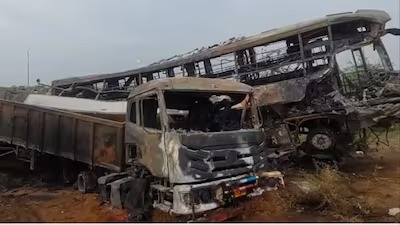 Bus catches fire in Rajasthan's Dausa