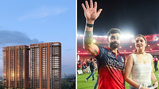 Mumbai's Versova Apartment (left), Virat Kohli and Anushka Sharma (right)