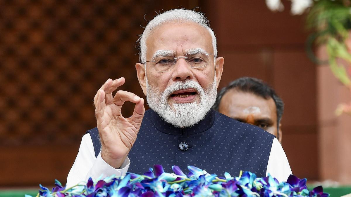 PM Modi speaking outside the Parliament ahead of the Monsoon Session