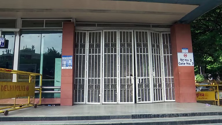 A view of the closed gates of Patel Chowk Metro station in New Delhi