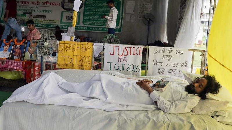 Student leader Jai Ram Mahato stages a hunger strike protest