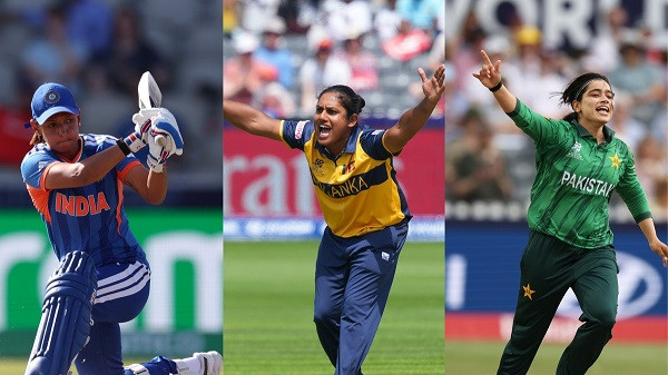 Harmanpreet Kaur (left), Chamari Athapaththu (centre), and Fatima Sana (right)