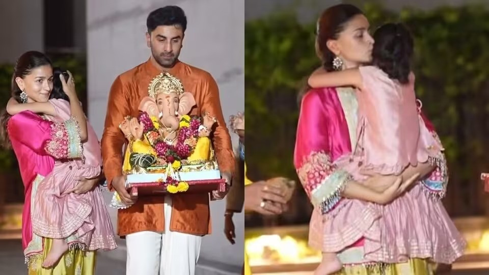 Alia Bhatt, Ranbir Kapoor, and Raha Kapoor during the Ganesh visarjan