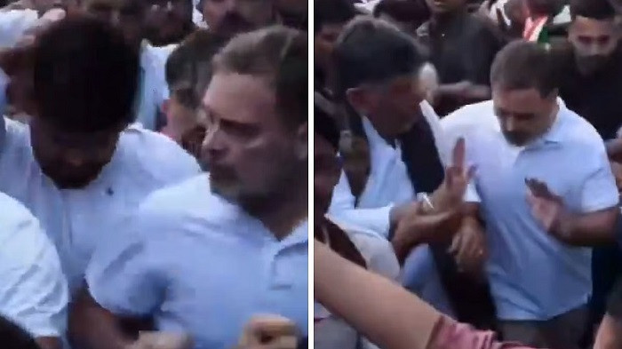 Rahul Gandhi Elbows Protester, Pulls Karnataka CM DK Shivakumar By Collar